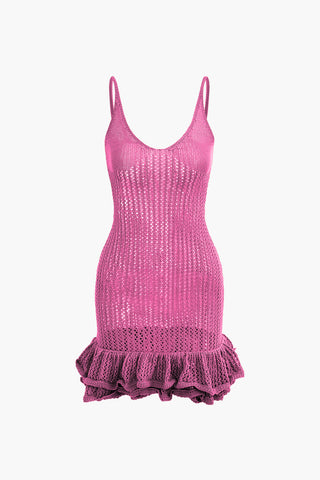 Open Knit Ruffle Hem Cami Mini Dress (M / RASPBERRY)