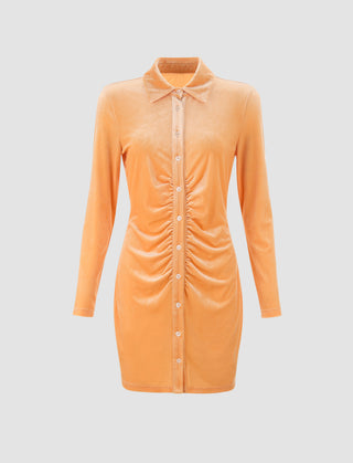 Orange Gathered Velvet Shirt Dress