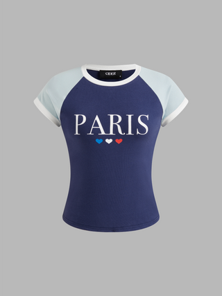 Paris Raglan Sleeve Two Tone Heart Graphic Short Sleeve Tee (XL / Blue)