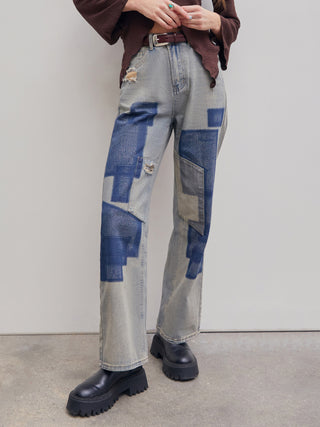 Patched Straight Leg Jeans