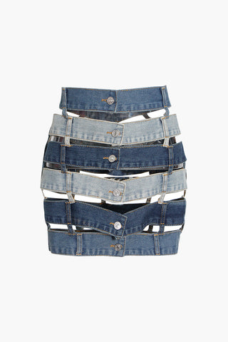 Patchwork Cut Out Denim Skirt (L / STEEL BLUE)