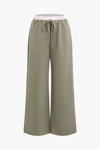 Patchwork Drawstring Waist Wide Leg Pants (S / KHAKI)