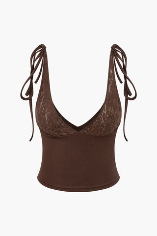 Patchwork Lace Tie V-neck Cami Top (S / COFFEE)