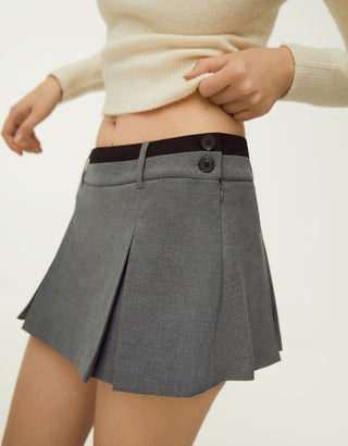 Patchy Waist Solid Pleated Button Mini Skirt