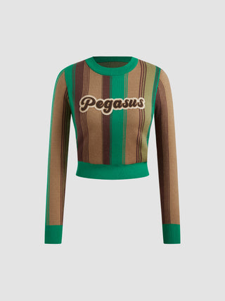 PEGASUS Round Neck Stripe Knitted Long Sleeve Crop Sweater