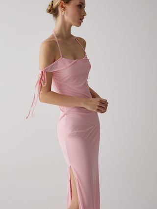 Pink Off-Shoulder Tie-Up Long Dress