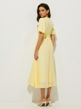 Plaid Pattern Puff Sleeve V-Neck Midi Dress