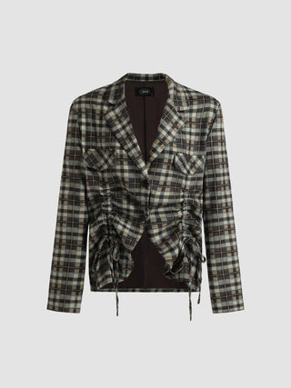 Plaid Pattern Ruched Blazer