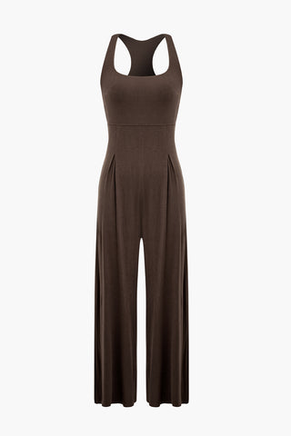 Pleated Square Neck Sleeveless Jumpsuit (L / BROWN)