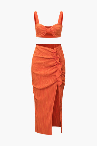 Plisse Knot Front Crop Cami Top And Asymmetric Skirt Set (XL / ORANGE)