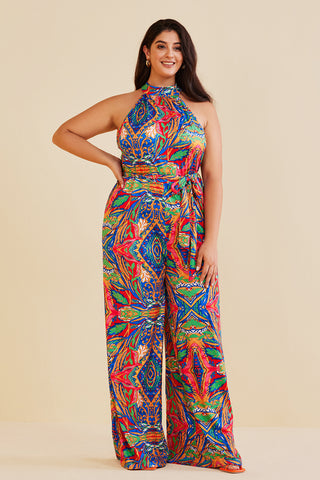 Plus Size Bohemian Print Halter Jumpsuit (0XL / BLUE)