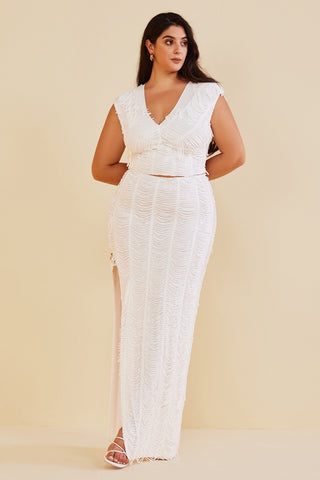 Plus Size Distressed V-neck Cap Sleeve Crop Top And Slit Maxi Skirt Set (2XL / WHITE)