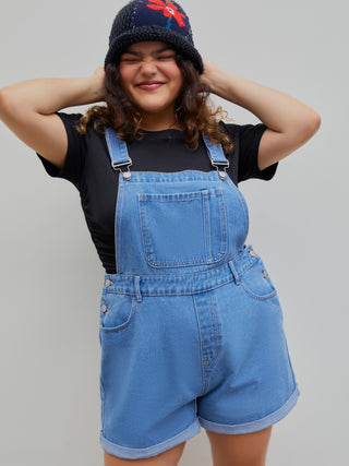 Pocket Buckle Up Denim Romper Curve & Plus