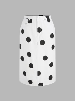 Polka Dot Split Denim Skirt Curve & Plus