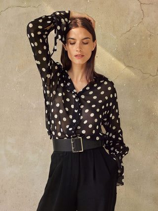 Polka Dots Georgette Blouse (White Dots In Black / L)