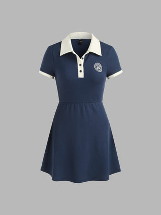 Polo Collar Graphic Mini Dress (L / Blue)