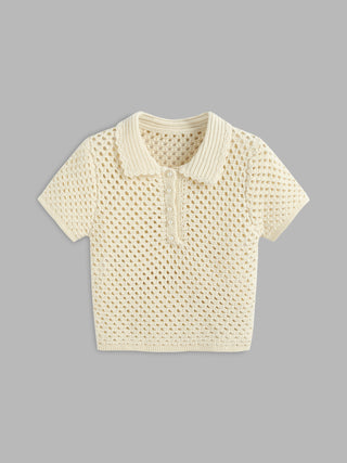 Polo Hollow Out Faux Pearl Knitted Top