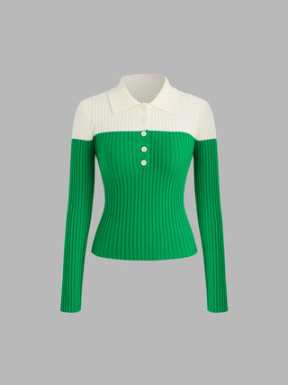 Polo Solid Button Knitted Long Sleeve Top