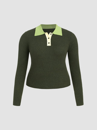 Polo Solid Button Knitted Long Sleeve Top Curve & Plus