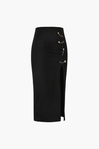 Pothook Detail Slit Midi Skirt (XL / BLACK)