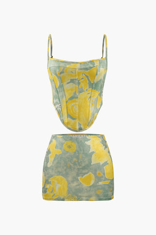 Printed Corset Cami Top And Mini Skirt Set (XL / YELLOW)