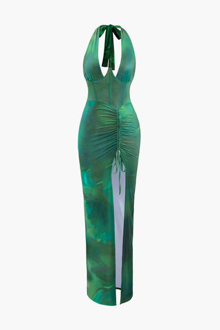 Printed Halter Corset Drawstring Slit Midi Dress (S / DARK GREEN)