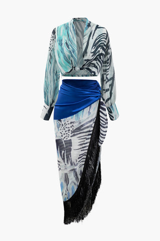 Printed Lantern Sleeve Twist Hem Shirt And Asymmetric Fringe Skirt Set (XS / BLUE)