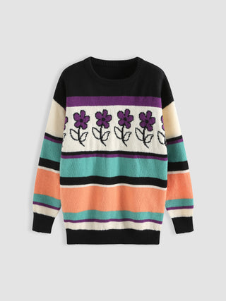 Purple Flower Striped Sweater