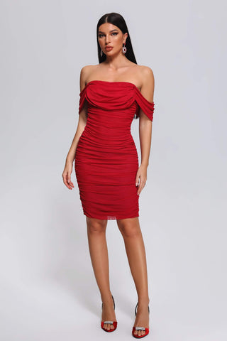 Quanne Off Shoulder Mesh Midi Dress (M / Red)