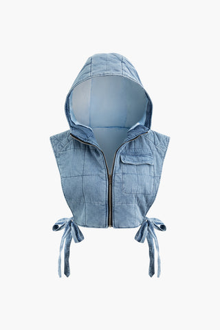 Quilted Knot Side Zipper Hooded Denim Vest (M / BABY BLUE)