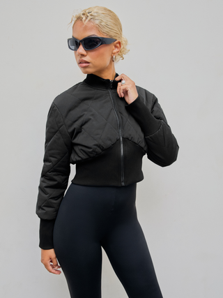 Quilted Stand Collar Zipper Puffer Crop Jacket