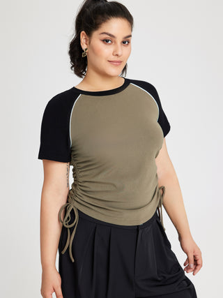 Raglan Sleeve Patchy Short Sleeve Top Curve & Plus