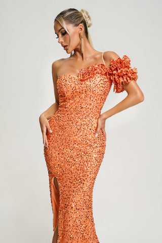 Raida Sequin Slit Maxi Dress (L / Orange)