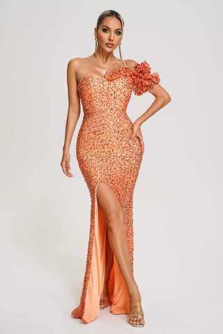 Raida Sequin Slit Maxi Dress (S / Orange)