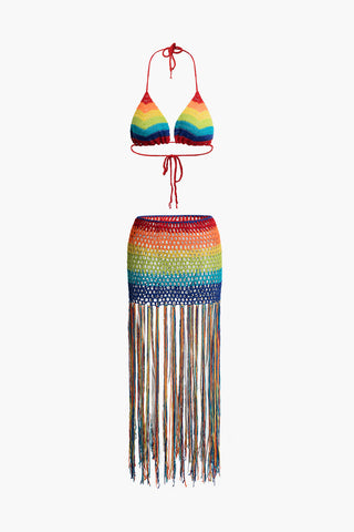 Rainbow Tie Halter Cami Top And Crochet Fringe Hem Skirt Set (M / MULTICOLOR)