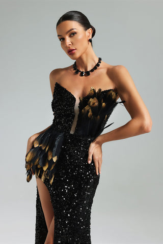 Rebel Sequins Feather Slit Maxi Dress (M / Black)