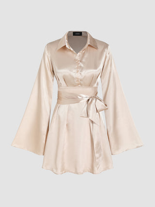 Recycled Fabric Satin Button Collar Tie Dress