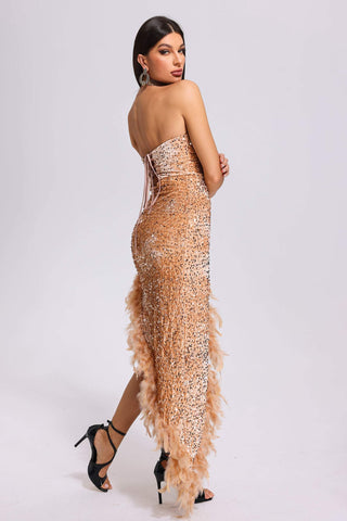 Renee Feather Slit Sequin Dress (L / Champagne)