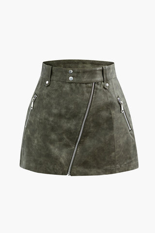 Retro Faux Leather Zip Up Mini Skirt (XS / BROWN)