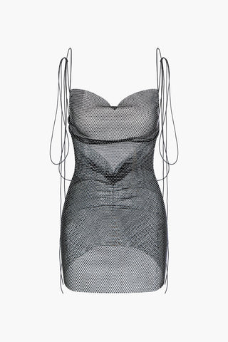 Rhinestone Mesh Strappy Backless Mini Dress (L / BLACK)