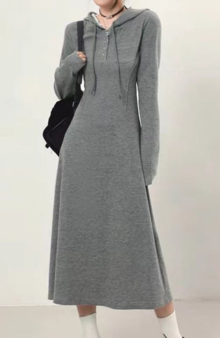 Rib Hooded Solid Button Midi Dress