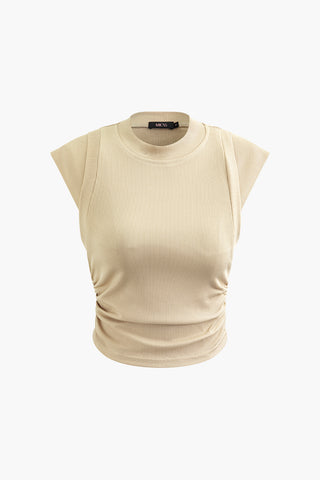 Rib Knit Cap Sleeve Ruched Tank Top (L / TAN)