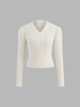 Rib Knit Solid V Neck Long Sleeve Top