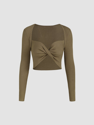 Rib Knit Twist Long Sleeve Crop Top (M / Olive Green)