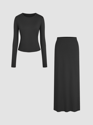 Rib Round Neck Solid Long Sleeve Top & Maxi Skirt