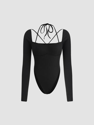 Rib Solid Halter Long Sleeve Bodysuit (S / Black)