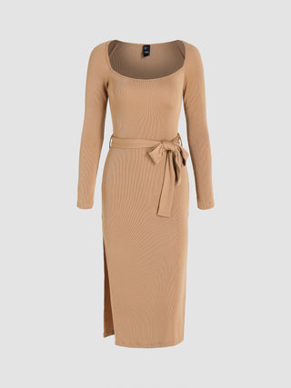 Rib Solid Slit Dress with Belt