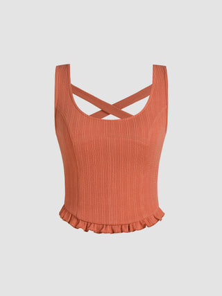 Rib U-neckline Criss Cross Ruffle Crop Cami Top