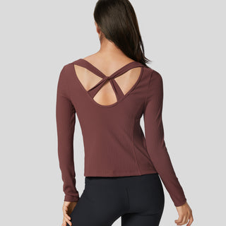 Ribbed Backless Twisted Back Scoop Neck Long Sleeve Yoga Sports Top