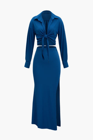 Ribbed Knot Front Blouse And Slit Skirt Set (S / BLUE)